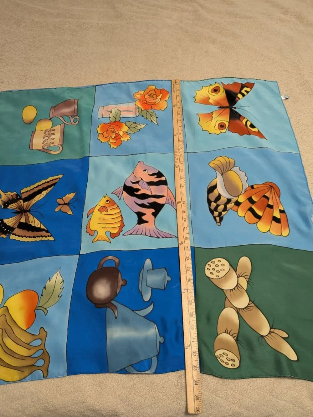 Vintage Hand Painted Silk Scarf 33x36 Abstract Butterfly Fish Floral 100% Silk
